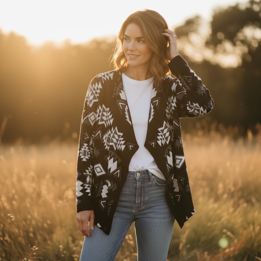 Black, White, and Grey Southwest Print Open Front Cozy Cabin Cardigan Sweater